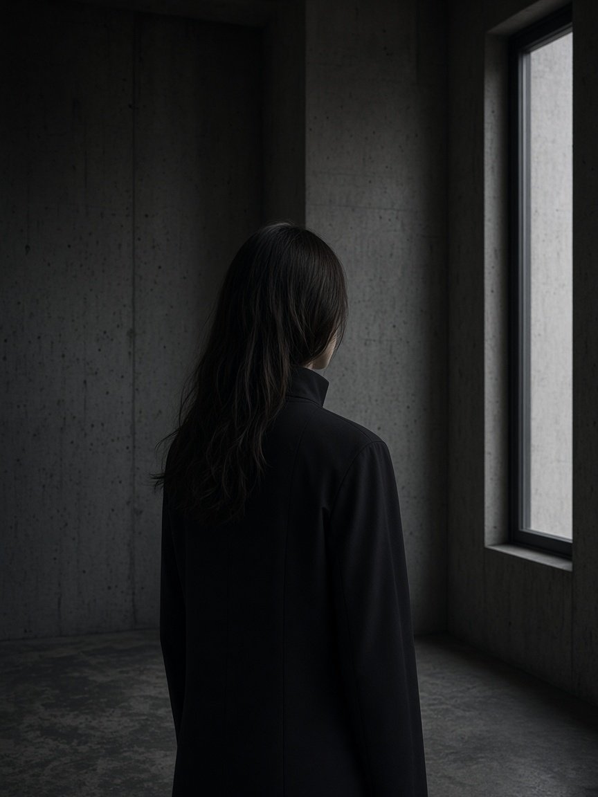 The modern uniform, extended. A woman in black, photographed in an architectural interior.