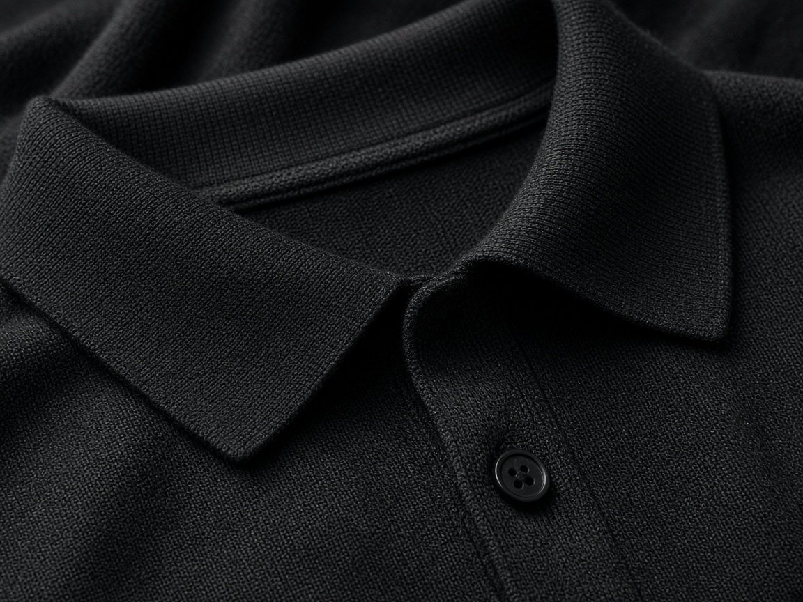 Close study of the FORM 1 collar and placket in matte black knit.