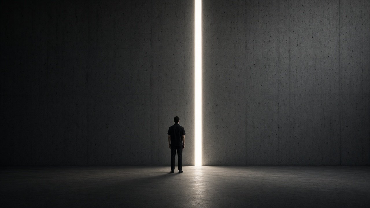 A solitary figure in the modern uniform, standing before a single line of light.