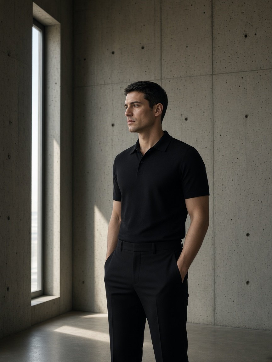 FORM 1 MEN. A man in the black modern uniform, standing in a concrete interior.